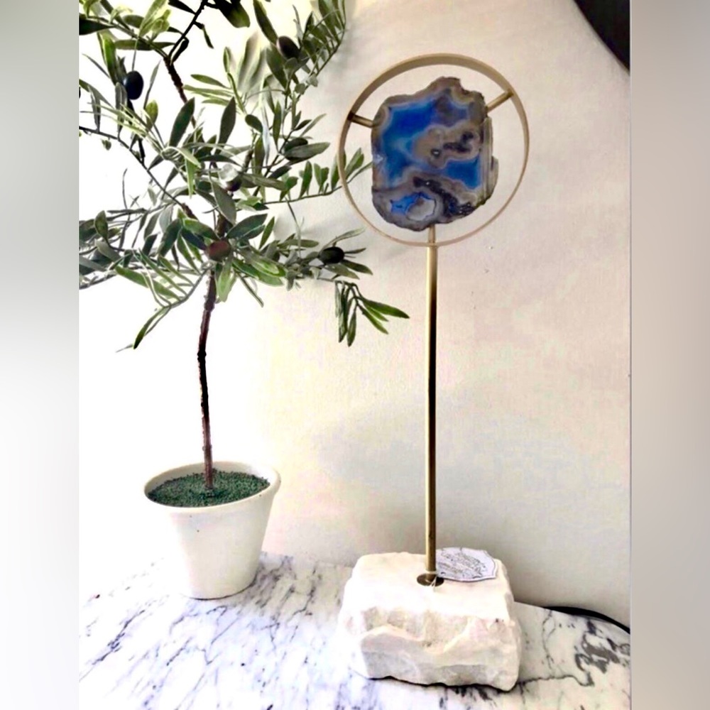 Blue Agate Geode Crystal on White Marble Stand 18” Tall Sculpture Decor NEW NWT